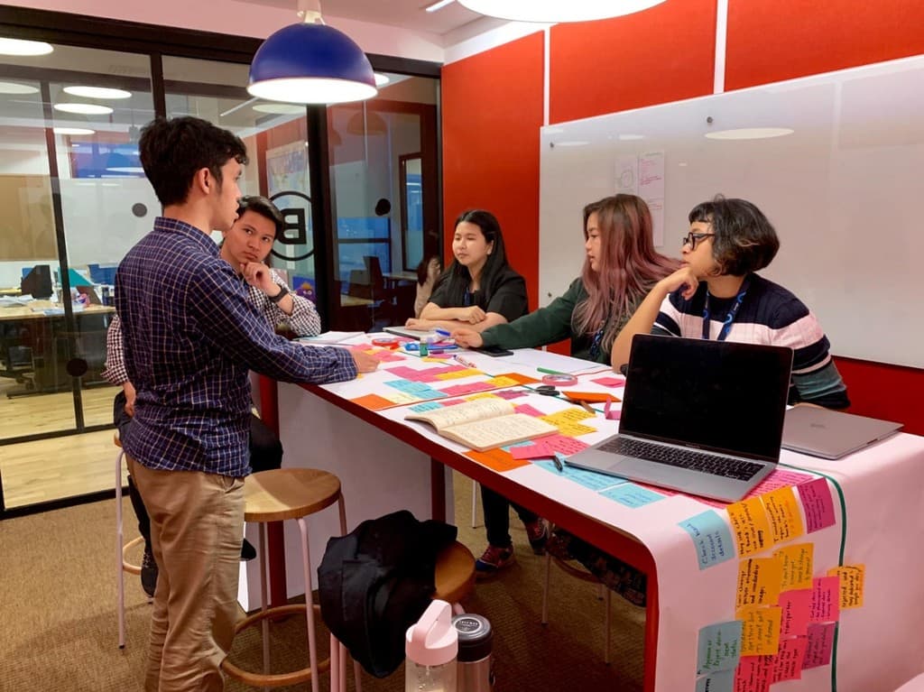 Pam facilitating a design sprint around a wall of sticky notes