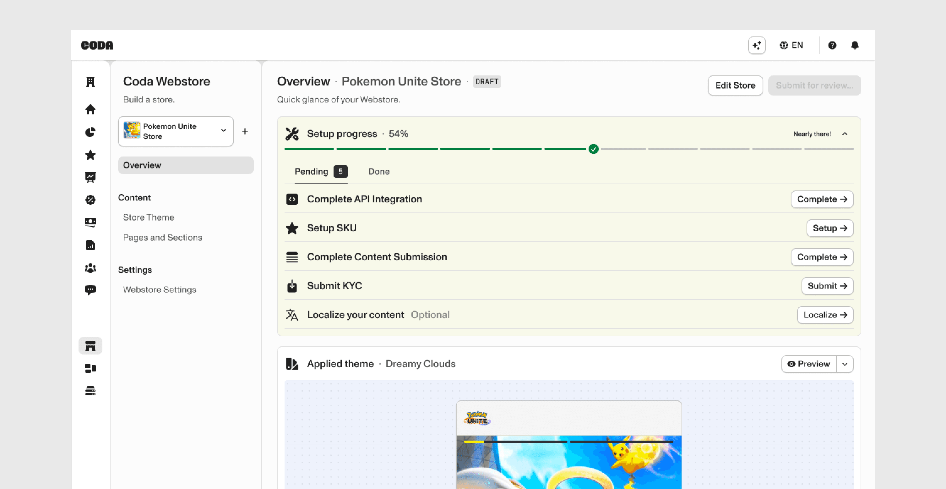 Store overview with setup progress, remaining configuration tasks, and an applied theme