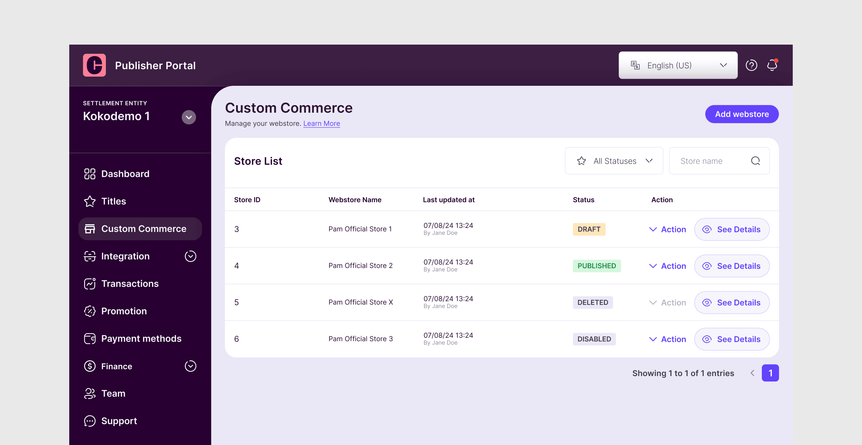 Legacy Publisher Portal custom commerce interface