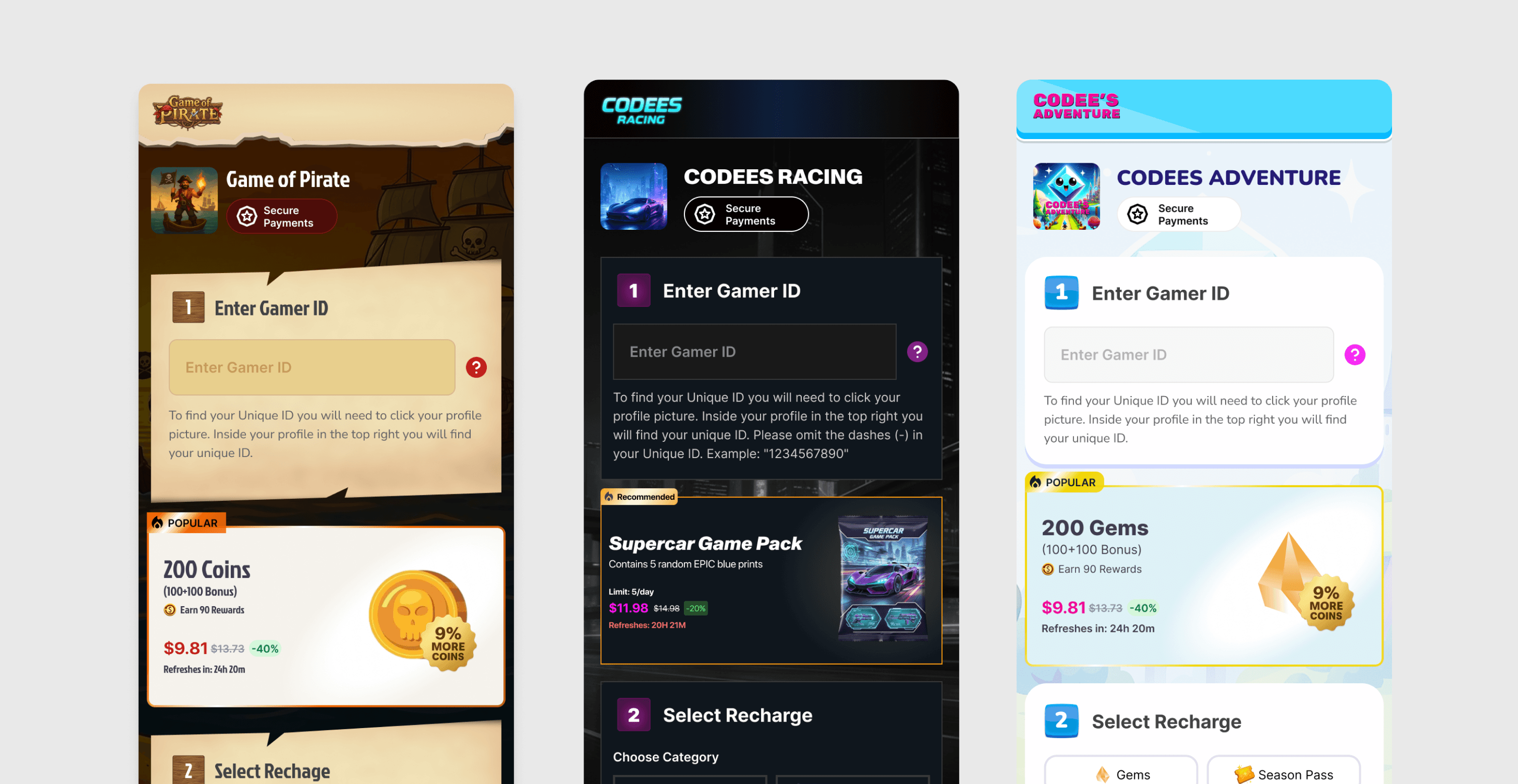 Three differently branded stores with shared gamer ID and product-selection patterns