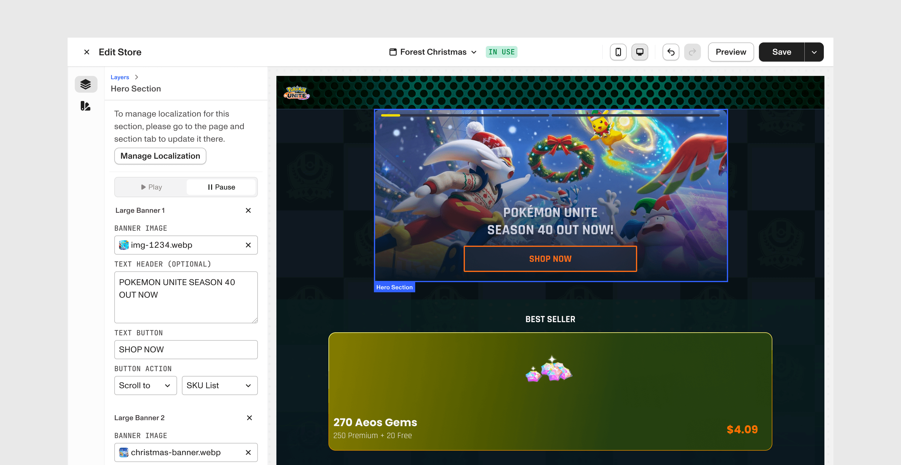 Visual store editor with hero banner controls and a Pokémon Unite storefront preview