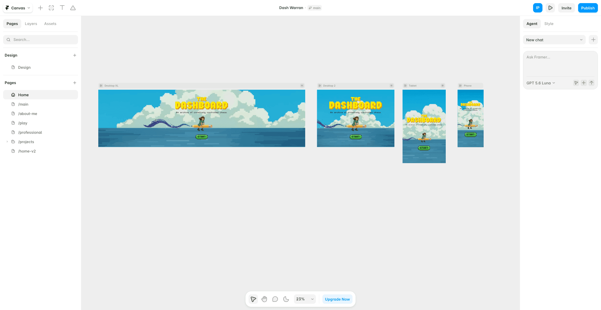 The Pixelated World site in Framer with desktop, tablet, and mobile layouts