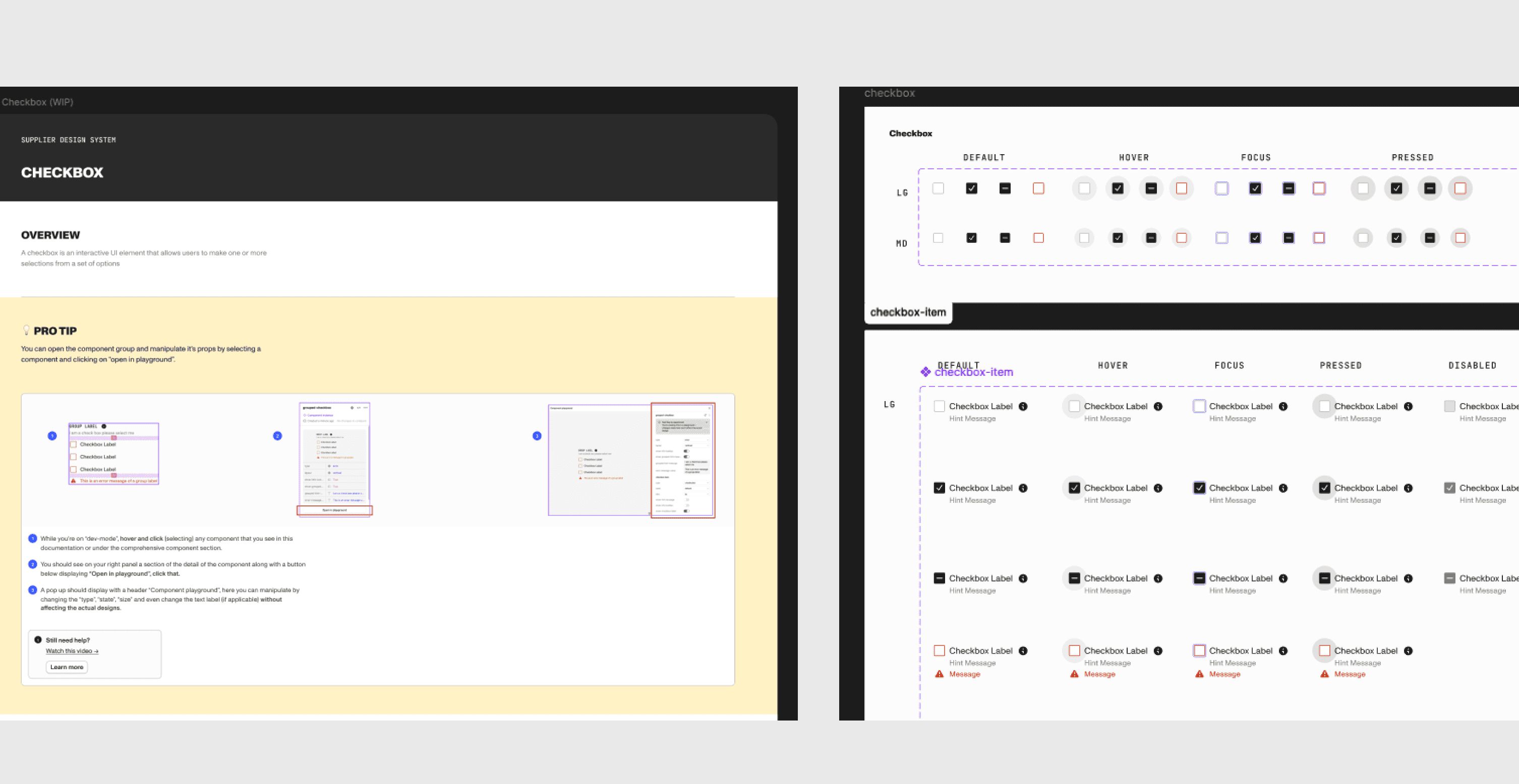 Checkbox component documentation and its sizes, states, messages, and usage guidance