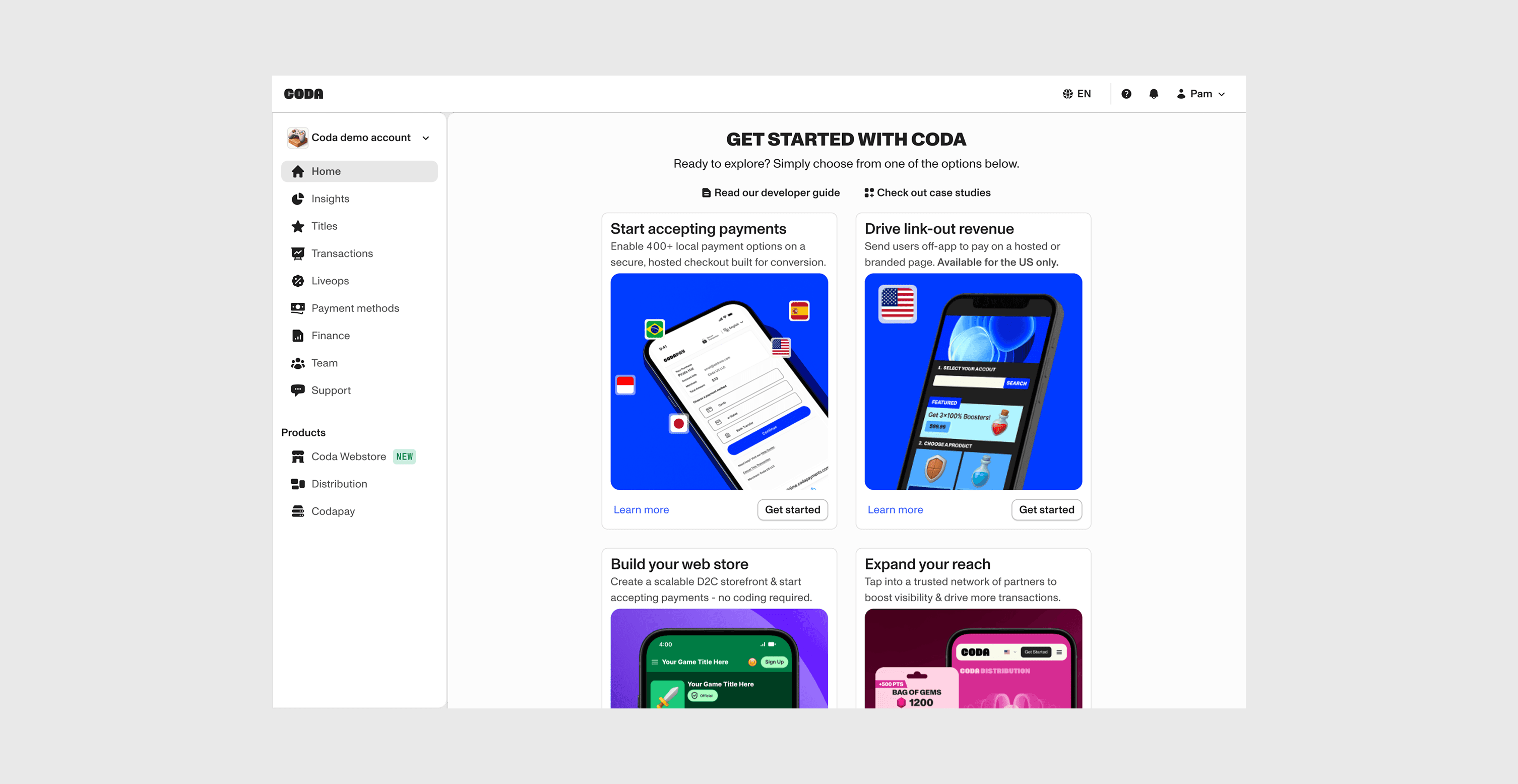 Final Coda Portal home screen using the shared navigation and branded product cards
