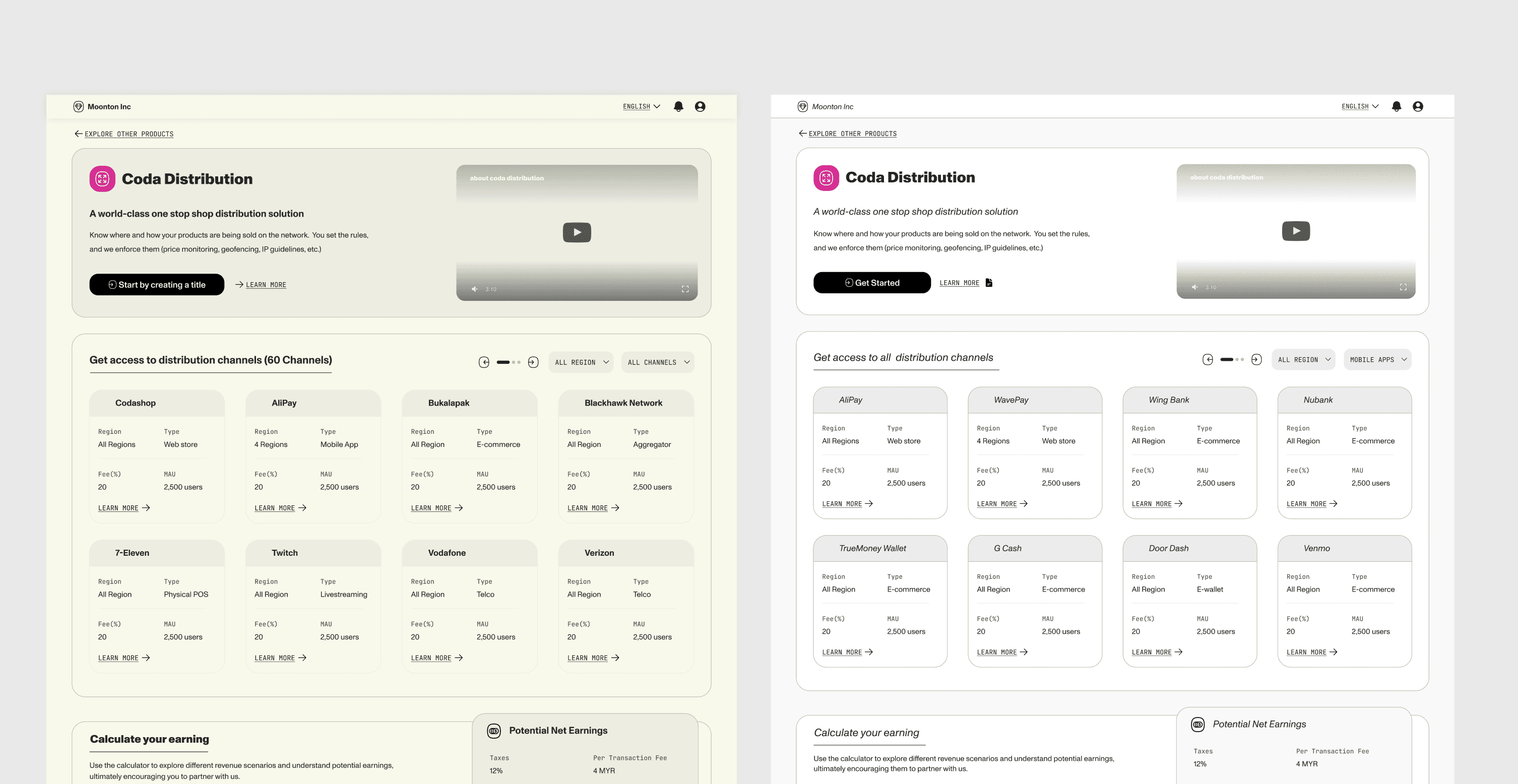 Two early visual explorations for the Coda Distribution portal, using warm neutral surfaces and channel cards