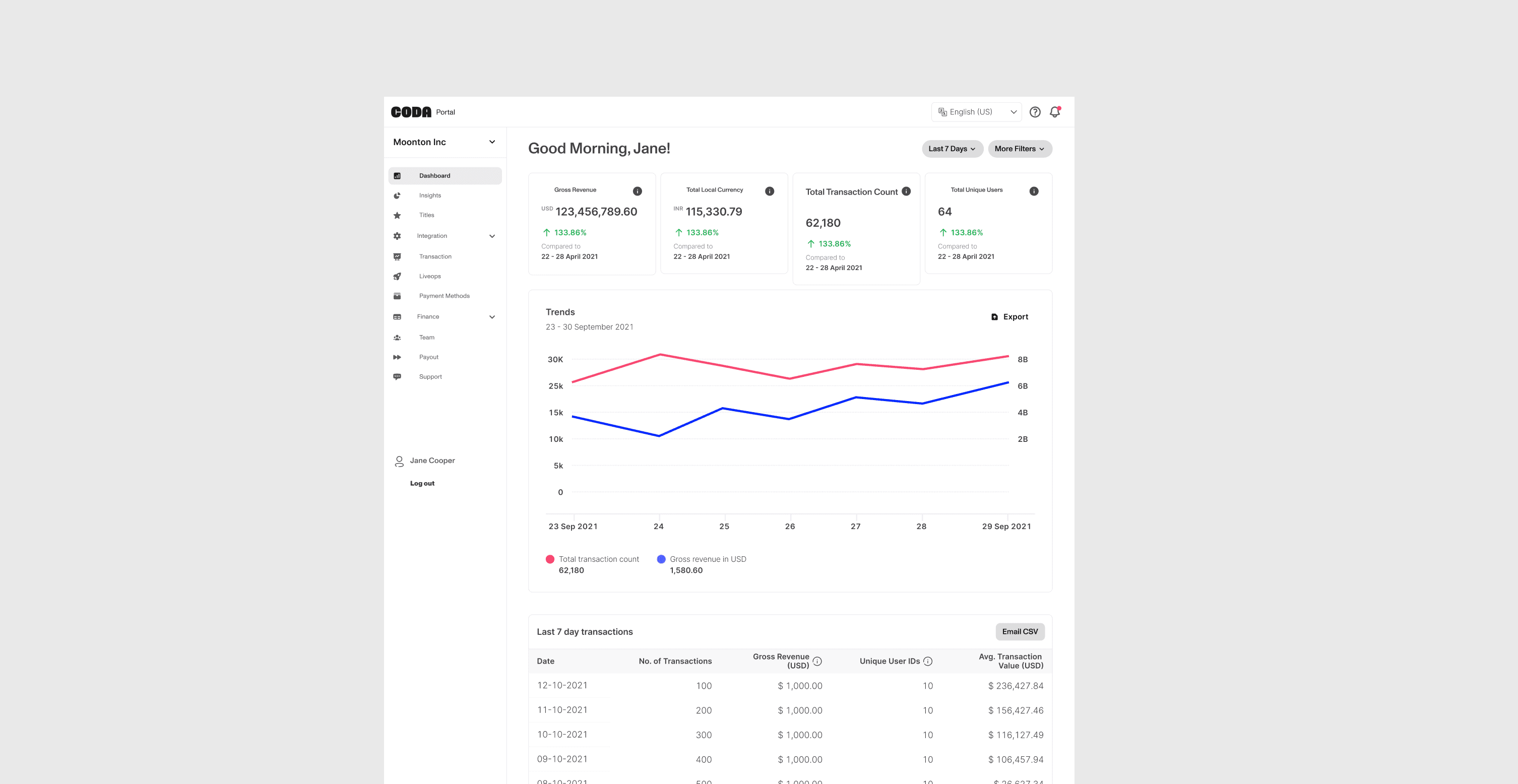 Transitional Coda Portal dashboard combining the evolving navigation with an early visual system