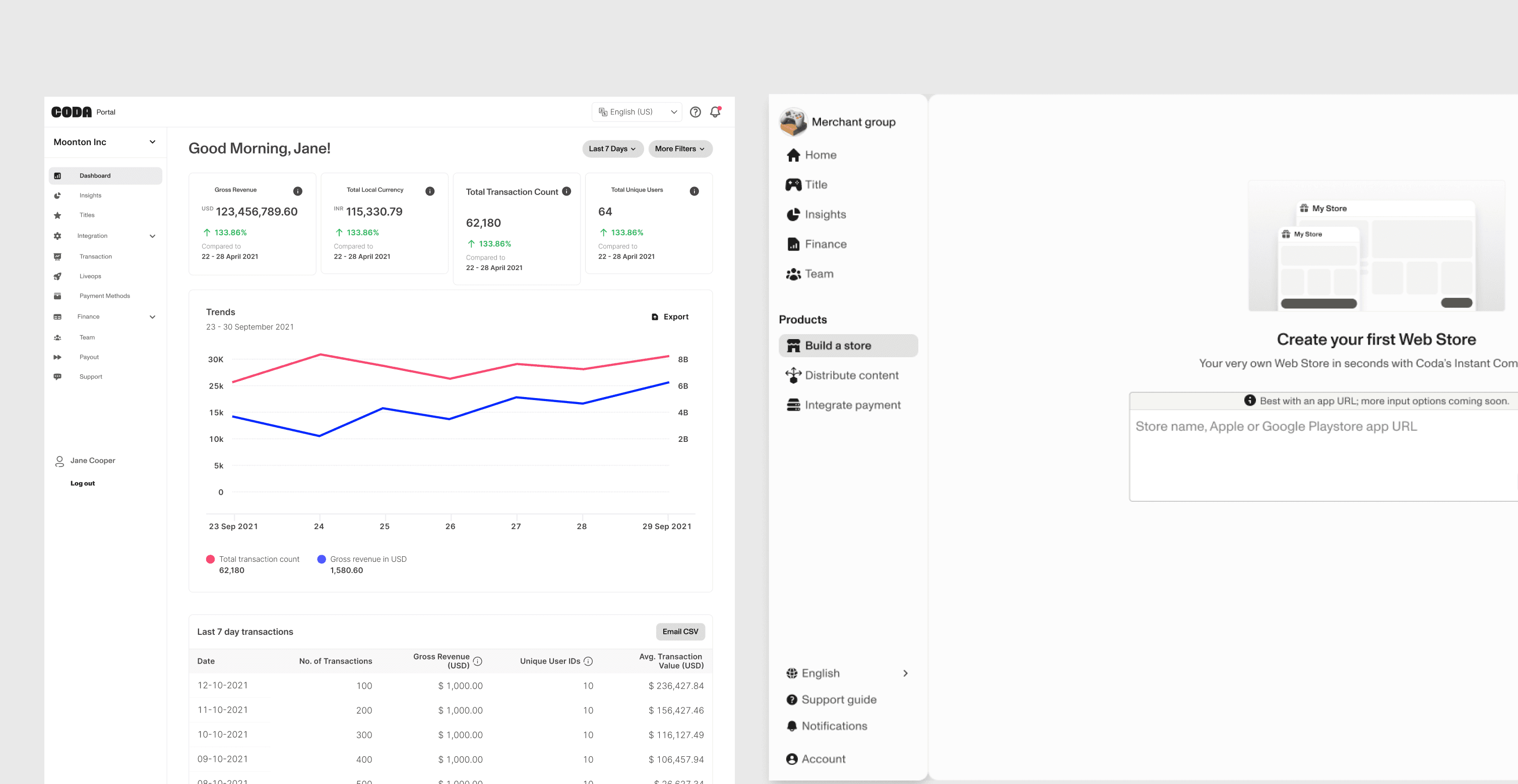 A transitional Publisher Portal dashboard beside an initial store onboarding concept