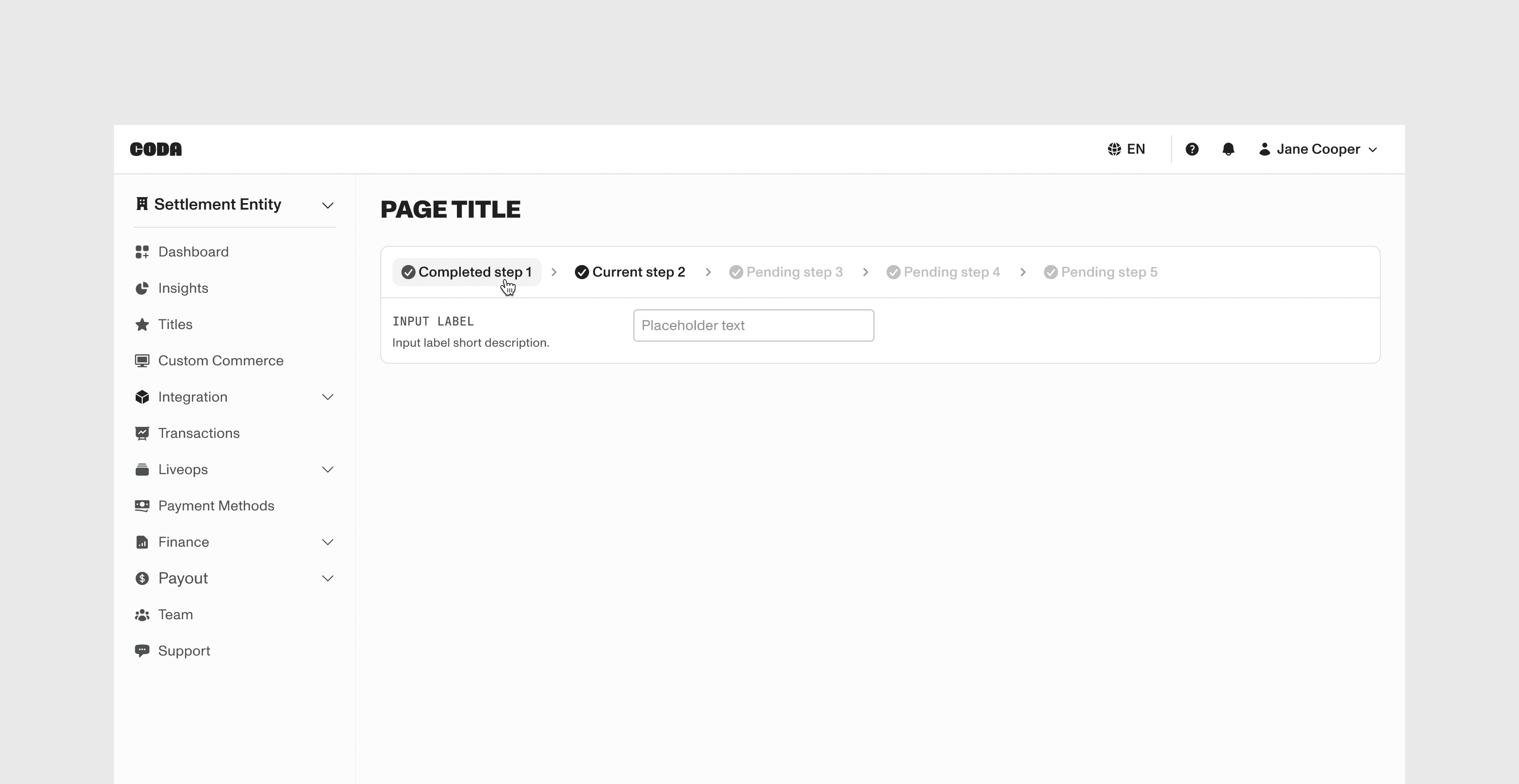 Portal workflow stepper pattern showing completed, current, and pending states