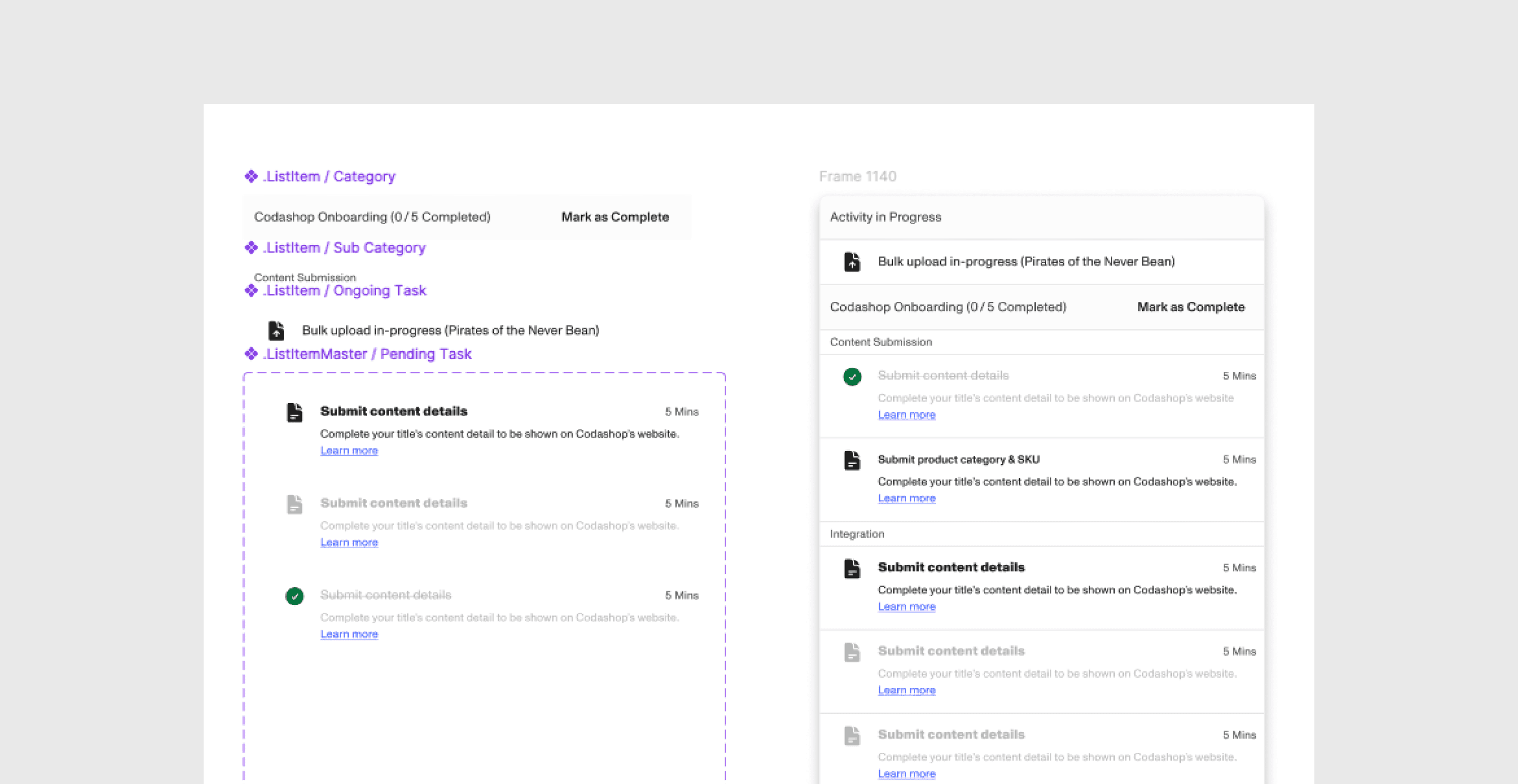 Reusable onboarding task-list pattern shown in design and product context