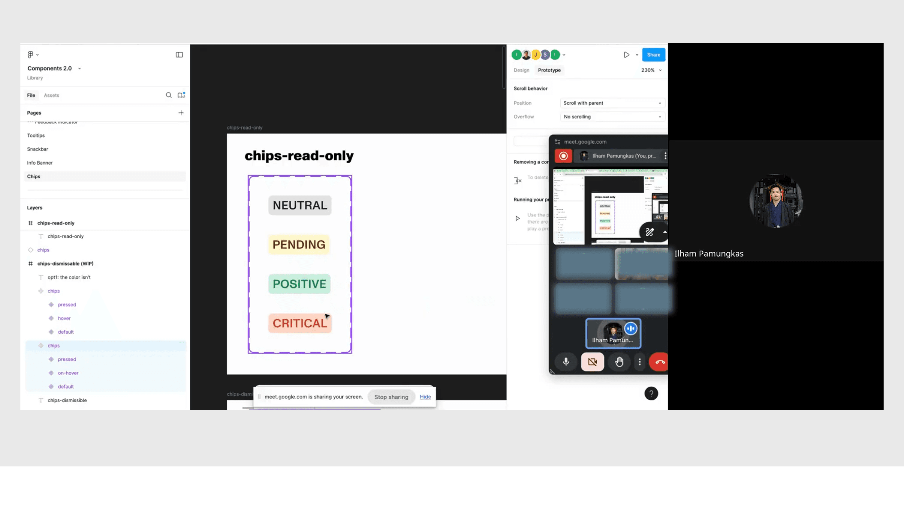 Weekly design-system review of component states in Figma during a video call