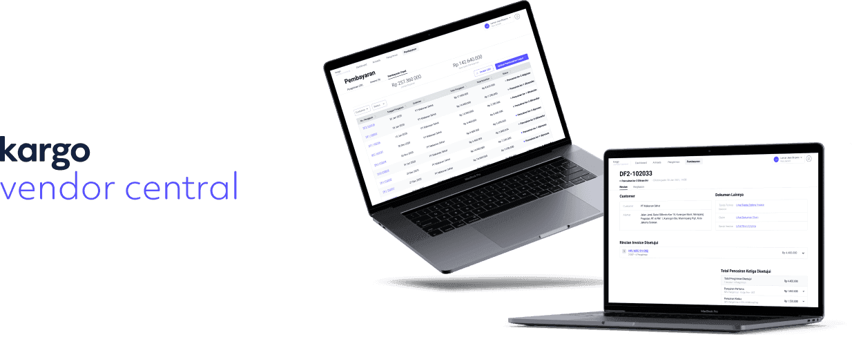 Kargo Vendor Central financing dashboard and delivery-order details displayed on two laptops