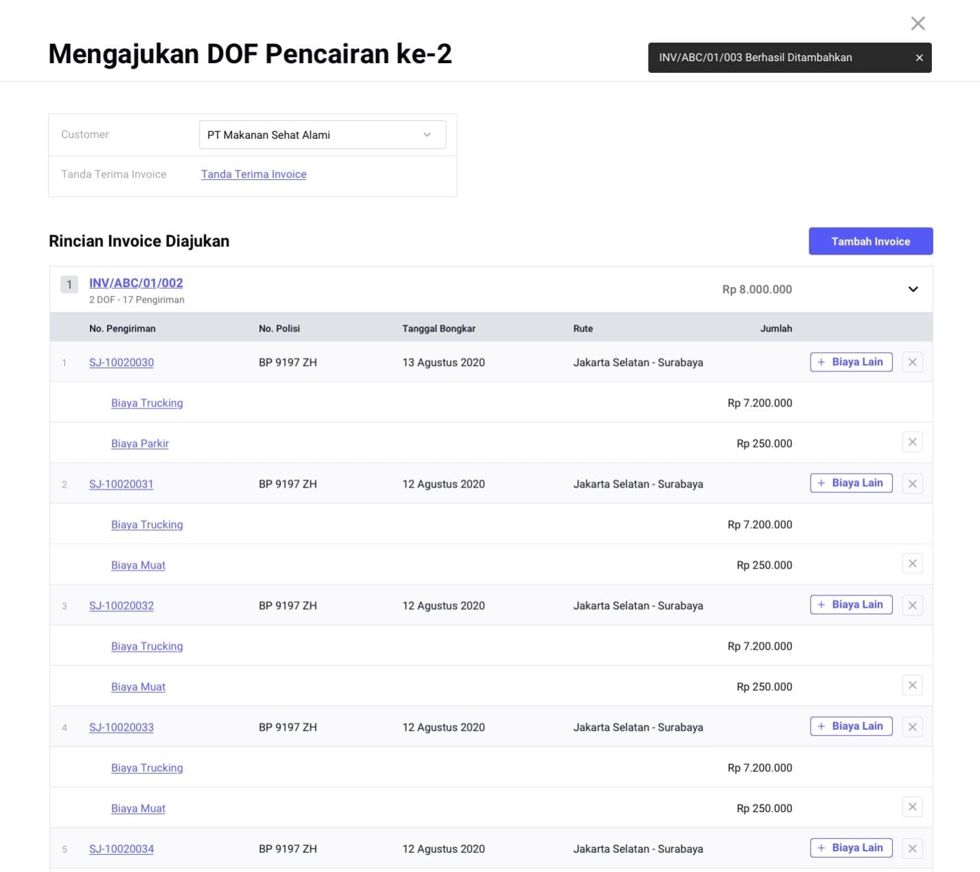 Delivery-order financing request reusing existing invoice and shipment information