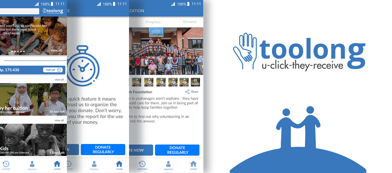 Toolong donation app concept screens and branding